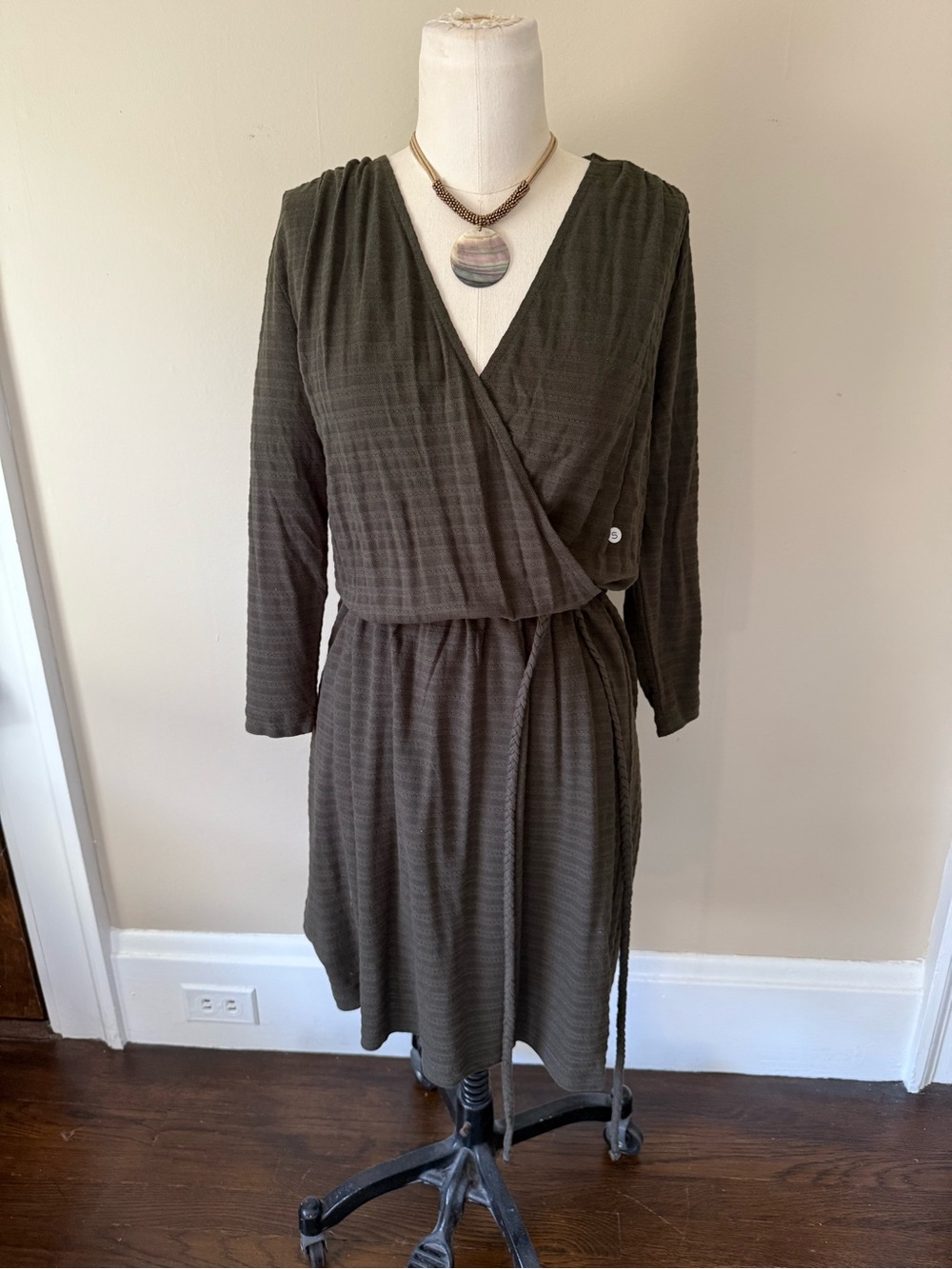 Long Sleeve Olive Wrap Dress with Tie Waist